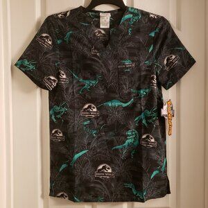 Jurassic World Tooniforms Scrub Top Unisex V-Neck Shirt Movie Green Dinosaur XS